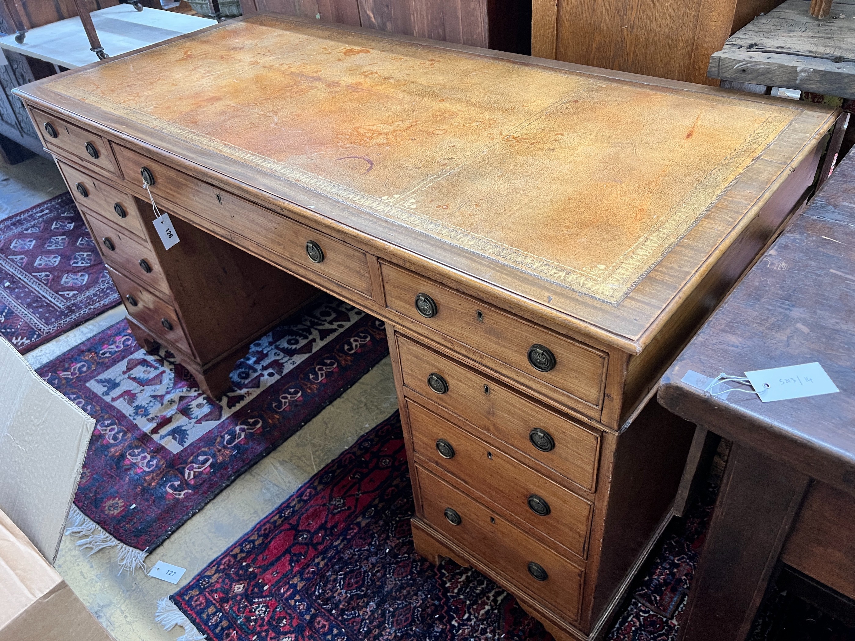 A 19th century and later mahogany pedestal desk, length 152cm, depth 72cm, height 78cm